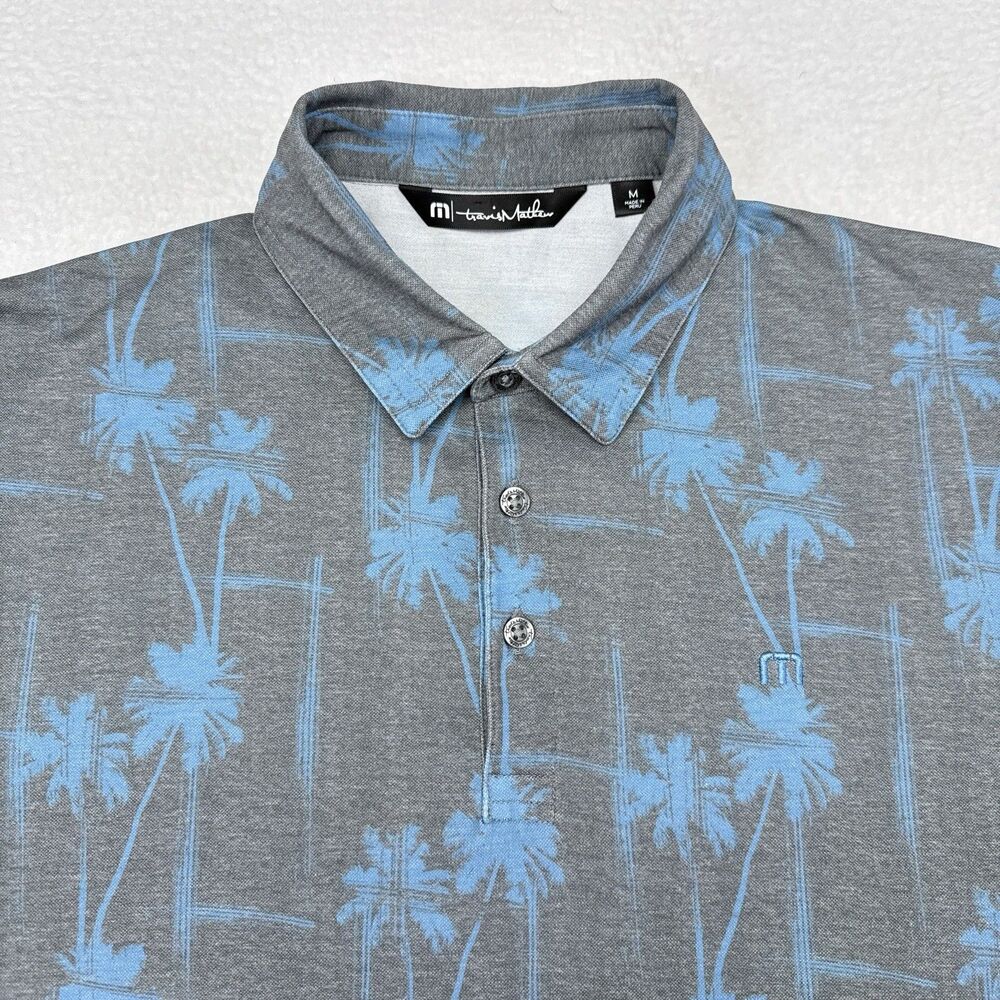 Travis Mathew Polo Shirt Men’s Size Medium Gray Blue Palm Tree Print Resort Golf